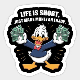 A vectordesign trending concept for A cartoon happy character duck, holding bundles of money in both his hands. (2) Sticker